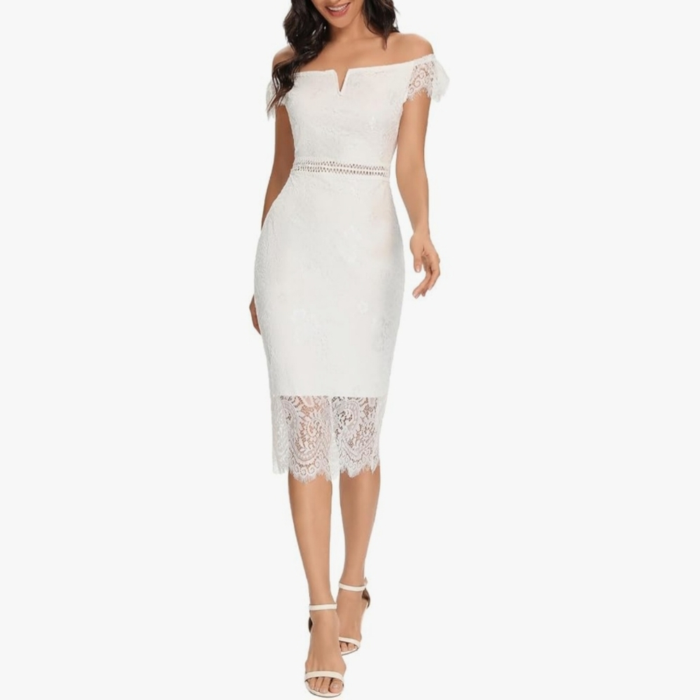 ODCOCD White Lace Off-Shoulder Dress